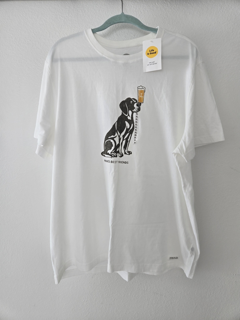 Life Is Good White Tee with Black Dog & Amber Beer Graphic